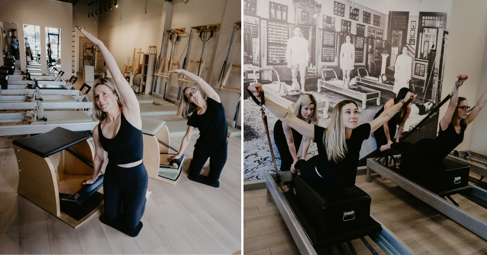 Specialized Pilates Equipment Women performing different Pilates exercises using the Chair and Reformer in a Louisville Pilates Studio